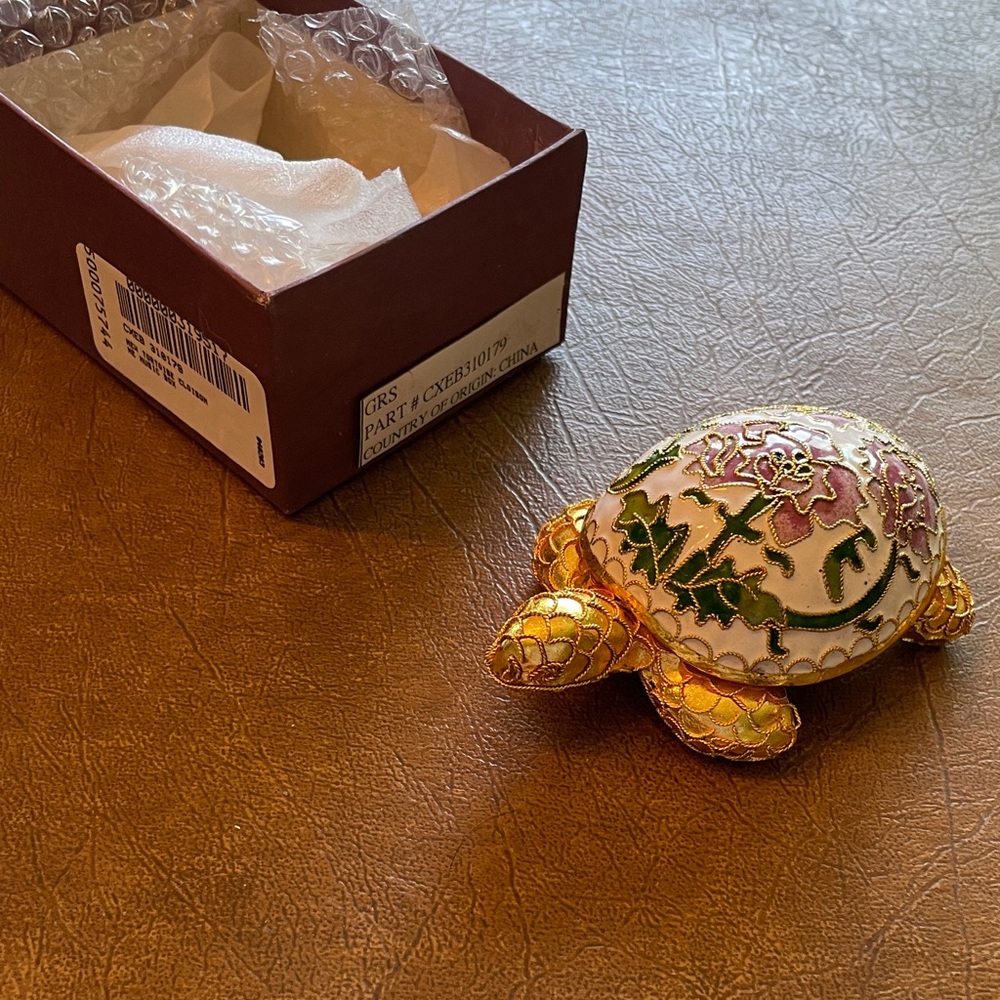 Enamel Gold-Tone Turtle Trinket Music Box - Floral Cloisonné Accent